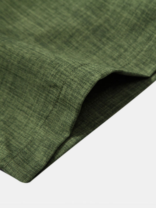 Camicia a Maniche Corte con Collo Alto e Pantaloni in Lino a Gamba Dritta